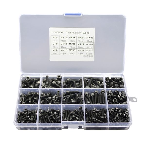 

500 pcs screw nut kit assortment set hex socket with storage box carbon steel
