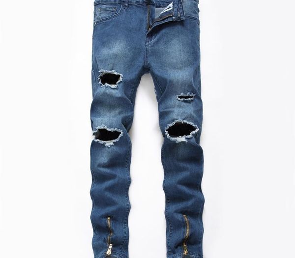 

hole fashion jeans for men casual zipper pockets denim pants men straight slim jean hombre plus size, Blue