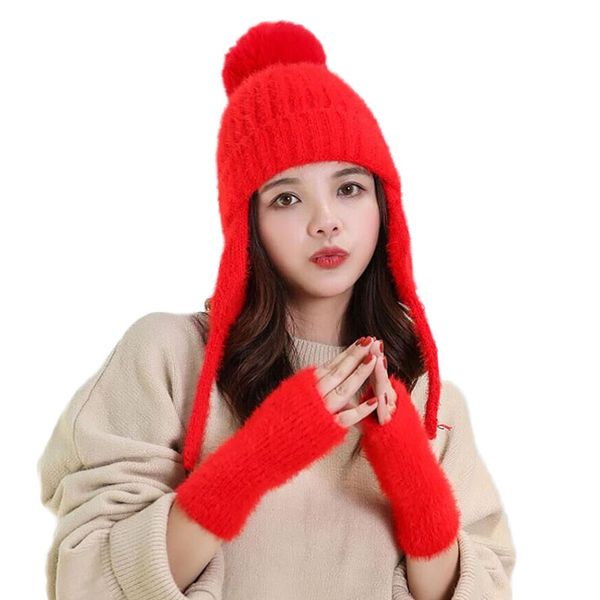 

girl thicken winter ski beanie new brand fur pom poms sweet skullies knitted hats women hat female warm gloves + knit hat, Blue;gray