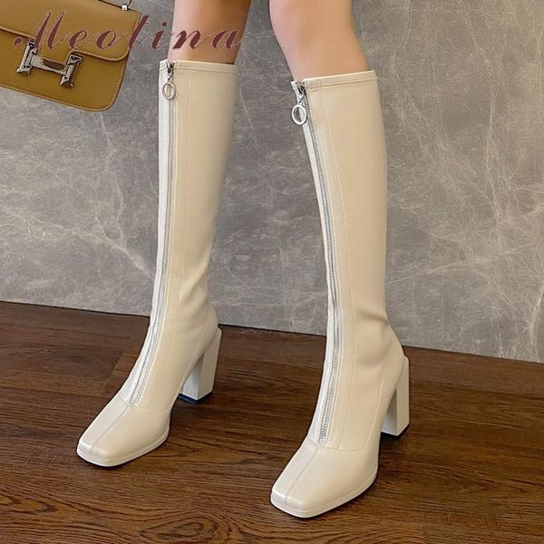 

meotina натуральная кожа высокий каблук длинные сапоги по колено сапоги женщин обувь квадратный носок толстые каблуки zip ladies абрикос осе, Black