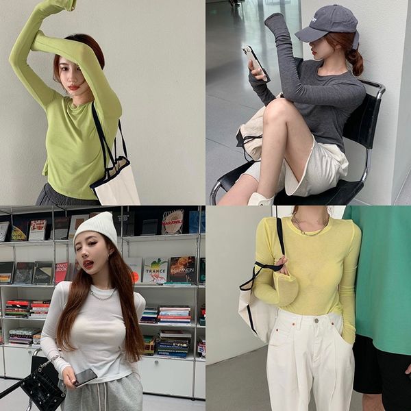 

women dresses fashion casual two-piece suit womens long-sleeved sunscreen thin all-match t-shirt womens short bottoming shirt five-point wid, Black;white