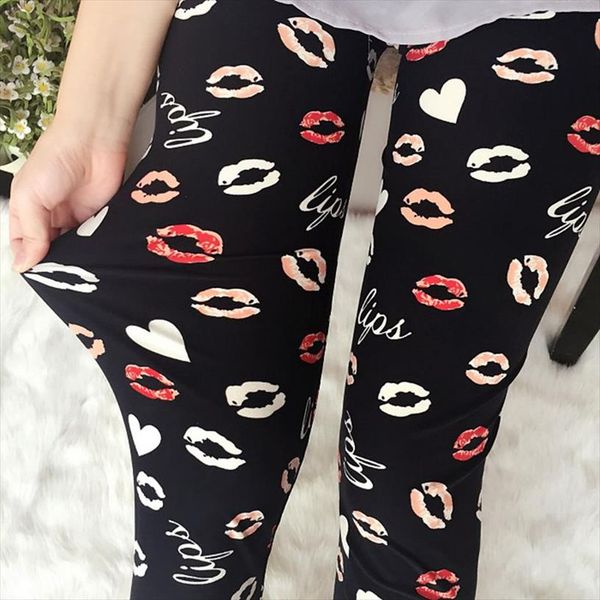 

lady lovely lip graffiti legging women casual stripe leggings girl fashion polka dot summer capris fitted cute pant, Black