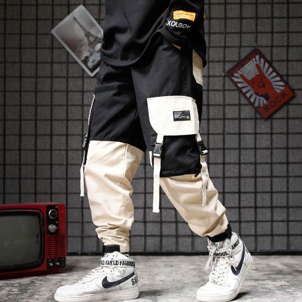 

men's pants bannaji fashion men cargo slim fit urban style hip hop patchwork pocket trousers cuffed joggers for, Black