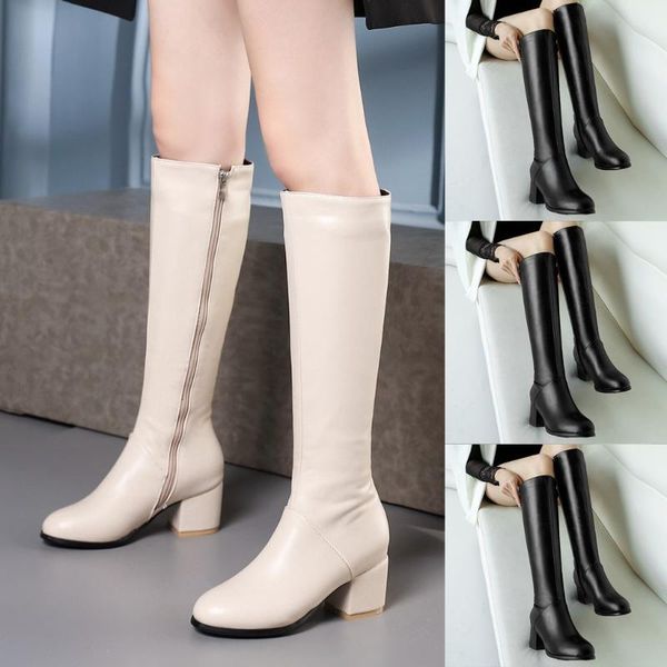 

knee high booties for women's winter warm boots side zip round toe square square heels boots plus size 43 shoes winter autumn, Black