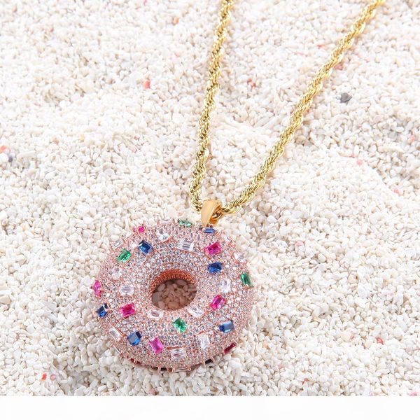 

donut pendant necklace coloured zircon doughnut ornaments iced out cz stone necklaces sweet buns pendant men, Silver
