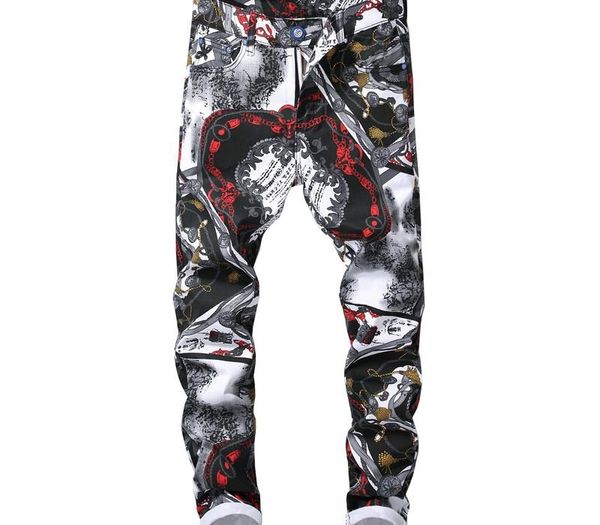 

sokotoo men's fashion 3d pattern slim fit straight printed jeans trendy white black colored drawing stretch denim pants y19060501, Blue