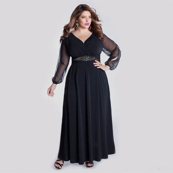 

Stylish Plus Size Beaded Evening Dresses With Long Sleeves V Neck Chiffon Evening Gowns A-Line Ankle Length Black Formal Dress