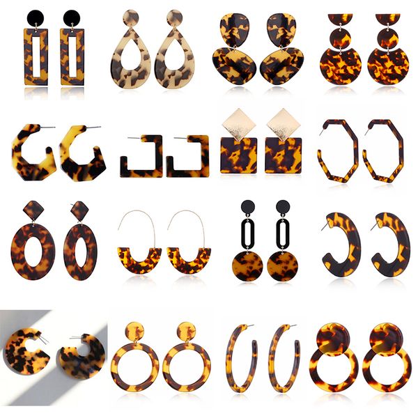 

new tortoise color leopard print acrylic acetic acid sheet geometric circle square long drop earrings animal ear stud for women, Golden;silver