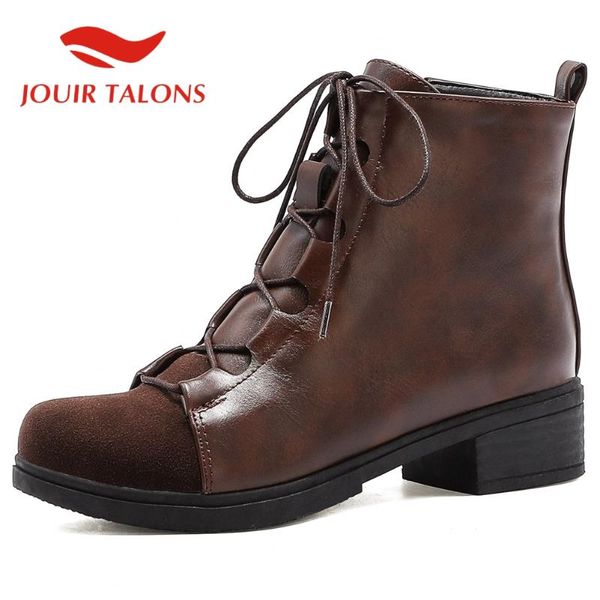 

boots jouir talons brand women patchwork cross-tied ankle round toe square heels autumn zipper shoes, Black
