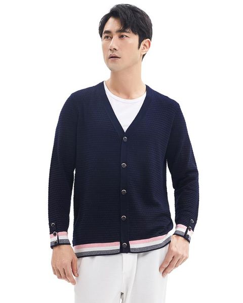 

zhili men's knit triple color block stripe button knitwear sweater cardigan, White;black