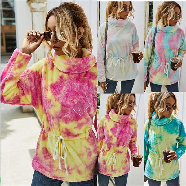 

warm sherpa fleece hoodie for women tie dye pullover hoodies sweater fashion high collar nipped waists slimming sweatershirt d82609, White