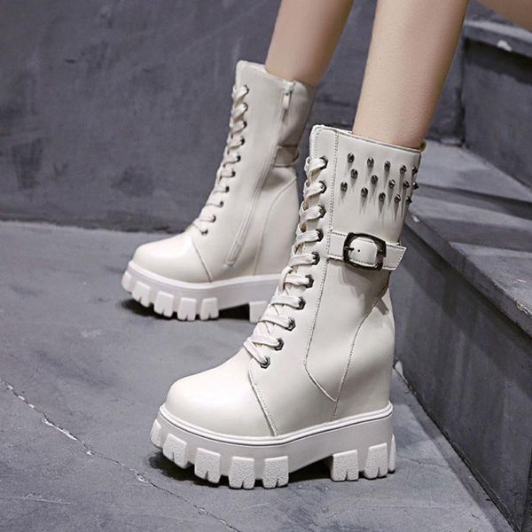 

women autumn boots female / ladies /motorcycle rivet mid-calf boots platform low heels casual round toe wedges shoes a61-67 hf, Black