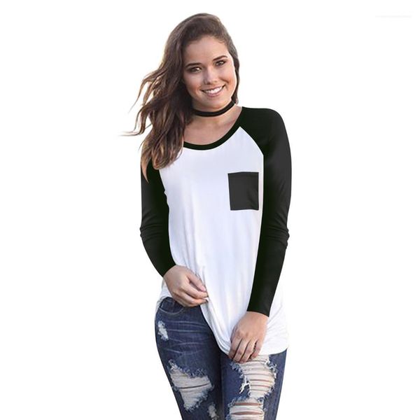 

neck females tees loose females clothing panelled womens designer long sleeve tshirts casual collage pocket crew, White