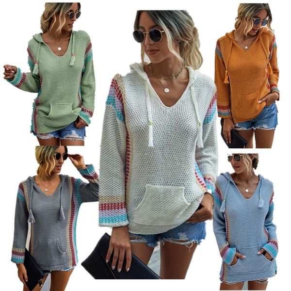 

2020 women stretch knit sweater hooded blouses loose long pullover hoodies with pocket oversize autumn winter outwear fashion ly817, White