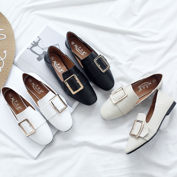 

brief metal buckle moccasins student british small leather shoes creepers woman 2-way mules cozy slip on flats loafers all-match, Black