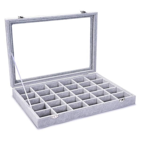 

velvet 30 cells ring earring box jewelry box displays stacked cover, Pink;blue