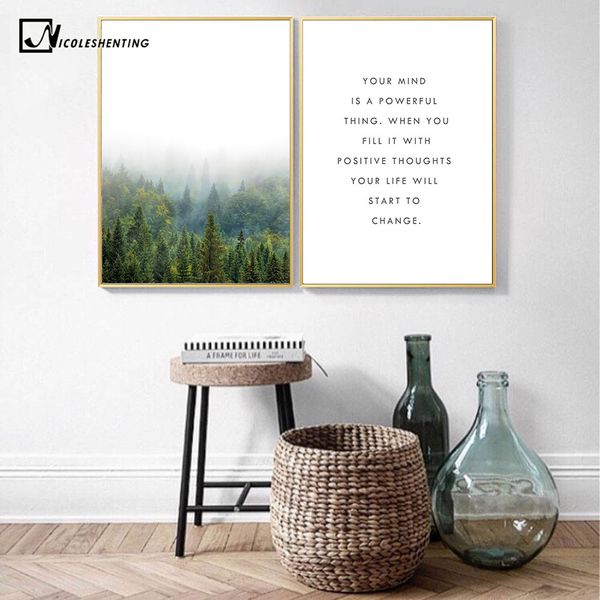 

scandinavian motivational quote minimalism art canvas poster foggy forest landscape wall picture print modern home decoration