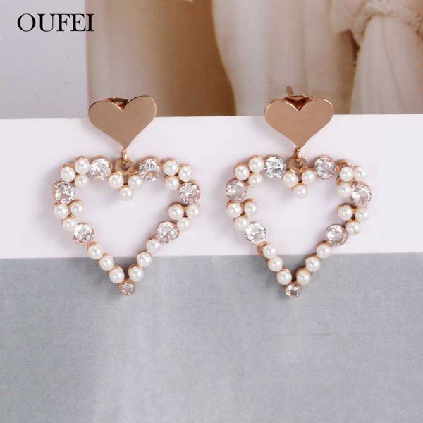 

dangle & chandelier oufei rose gold pearl heart drop earrings for women charms stainless steel jewelry woman fashion accessories, Silver