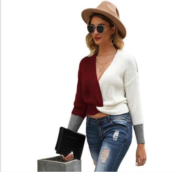 

womens v-neck knot patchwork sweaters autumn winter contrast color irregular knits woman fashion pullover sweater, White;black