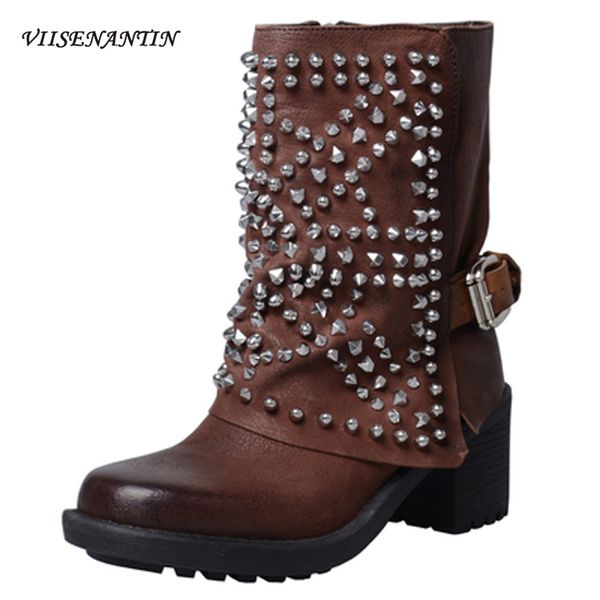 

rivets studded women boots comfortable high-heeled women's boots old retro square head knight, Black
