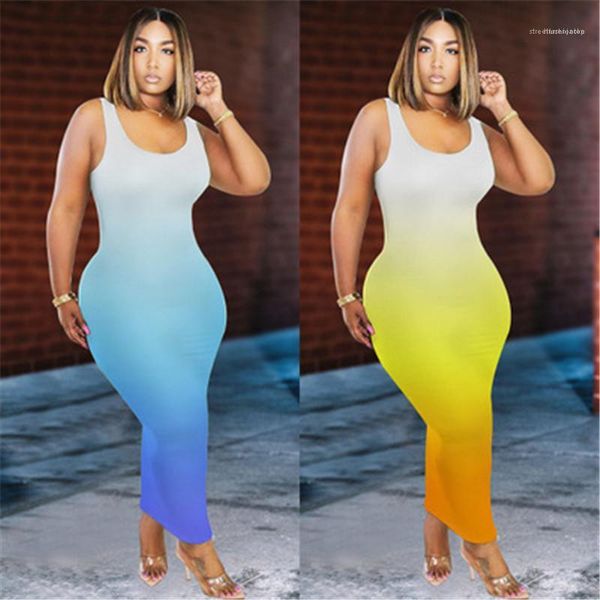 

long dress fashion summer new gradient round neck dress soft comfortable casual sleeveless female dresses slim waistcoat women, Black;gray