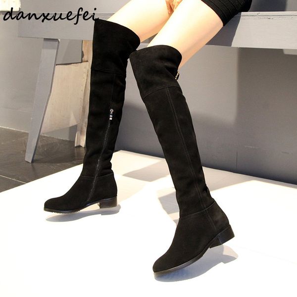 

women's genuine leather winter over the knee boots brand designer metal buckle cold weather flats long boots shoes for women hot, Black