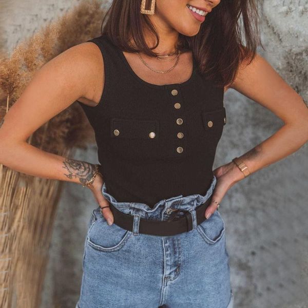 

women fashion summer vest ladies solid color round neck sleeveless tank vest button camis blouse crop #3, White