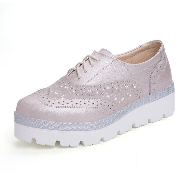 

2020 spring new women's genuine leather brogue shoes ladies flat platform loafers shoes fashion casual for women, Black