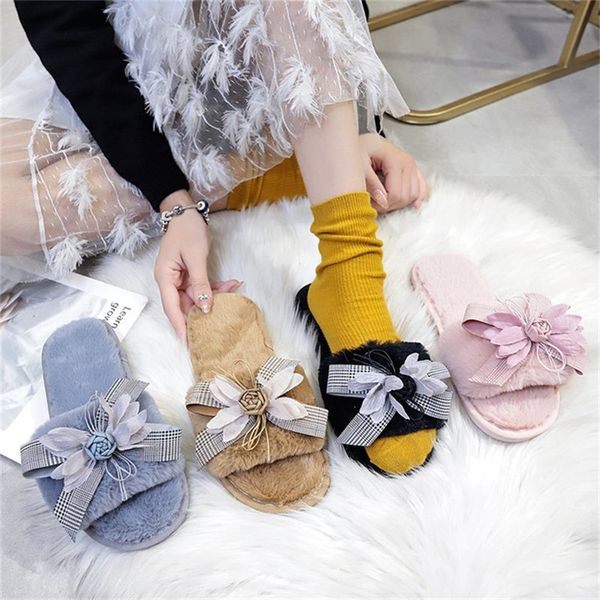 

cootelili woman slippers winter shoes for women new fashion faux fur 2cm heel slippers women shoes flower decoration basic, Black