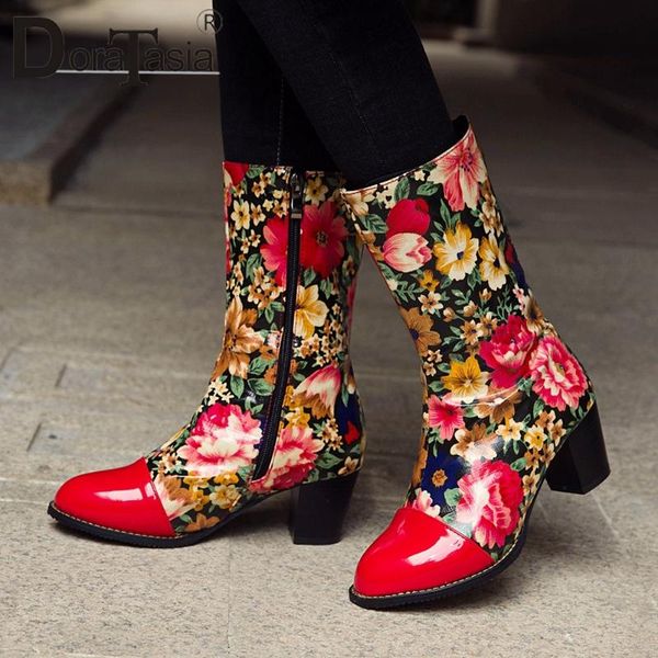 

doratasia female flower round toe sewing zipper high heels mid calf boots fashion boots women brand classic winter shoes woman, Black