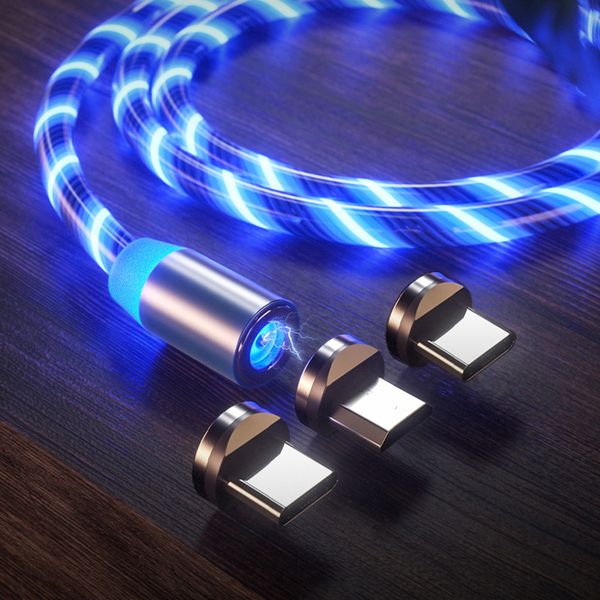 Magnetische Telefonkabel 3 in 1 Schnelllade den LED Fließend Licht vom Typ C Kabel Schnellladeleine 2A Mikro USB -Kabelladegeräte Kabel