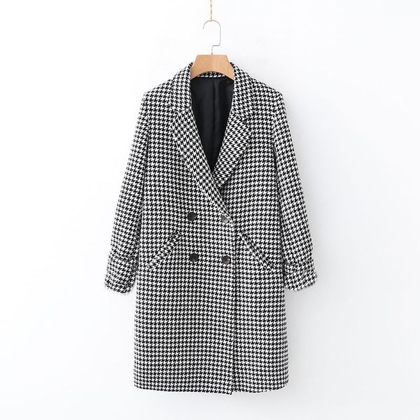 

women's wool & blends autumn and winter ladies houndstooth coat 2021 fashion lapel long sleeves with pockets loose casual jacket s, Black