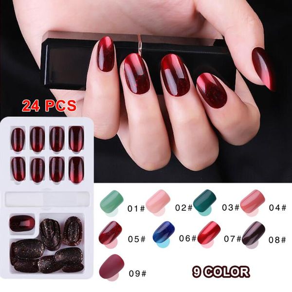 

24pcs fake nails reusable stick on nails press on full cover false nail tips, Red;gold