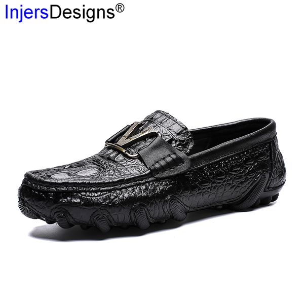 

driving shoes men slip-on breathable boat shoes soft lazy loafers crocodile embossing casual men big size 38-47, Black