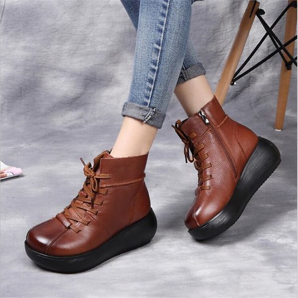 

genuine leather flat platform boots women shoes autumn winter fur fashion round toe lace-up leather boots ladies shoes, Black