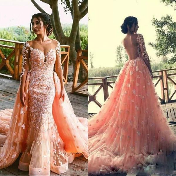 

overskrit prom dresses mermaid sheer v neck illusion long sleeves evening gowns appliques backless bridal dress detachable train formal, Black;red