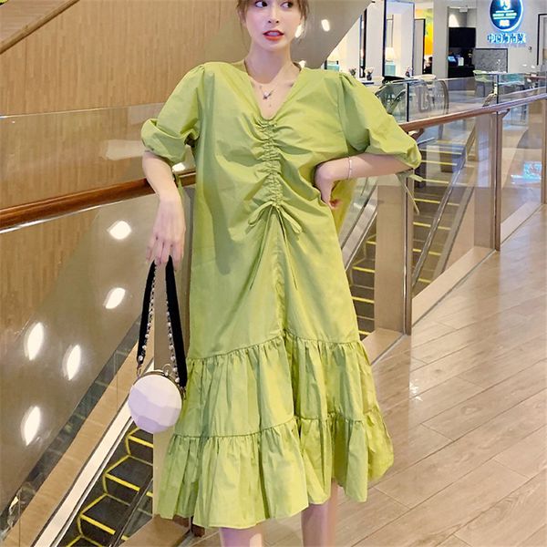

pregnancy drawstring elegant female summer v-neck loose simple fresh ruffles maternity female casual green dress, White