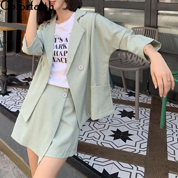 

colorfaith 2020 new summer woman sets 2 pieces matching short pants three quarter bat sleeve casual outfits buttons suit ws6221 t200617, White