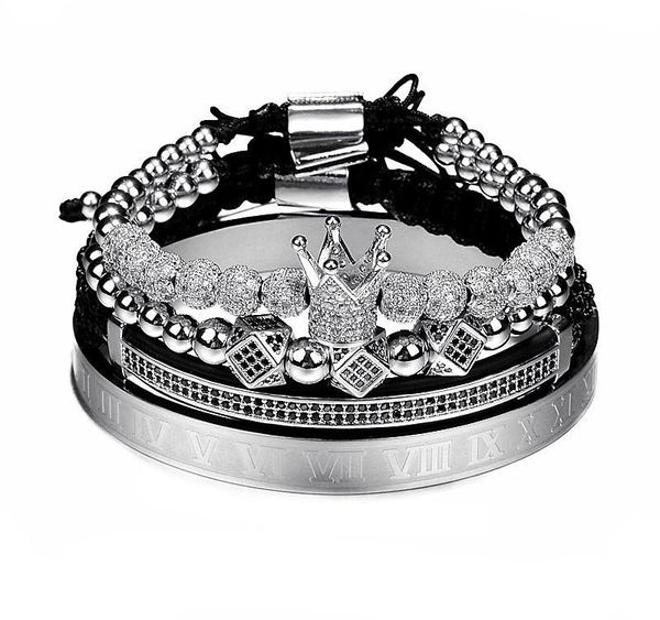 

4pcs/set classical handmade braiding bracelet gold hip hop men pave cz zircon crown roman numeral bracelet luxury jewelry003, Golden;silver