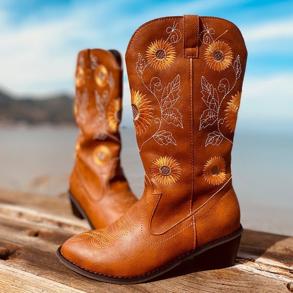 

monerffi embroidery cowboy boots for women autumn westerm boots retro booties women ladies shoes, Black