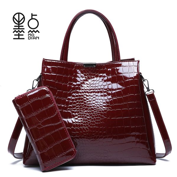 

luxury crocodile women bag black red patent leather women handbags set large capacity shoulder bag female tote bags+wallet