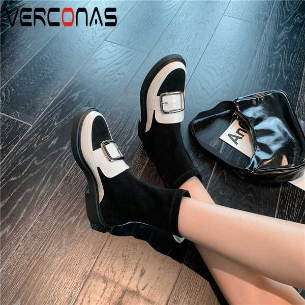 

verconas fashion casual woman mid-calf boots concise genuine leather autumn winter new metal buckle boots woman stretch, Black