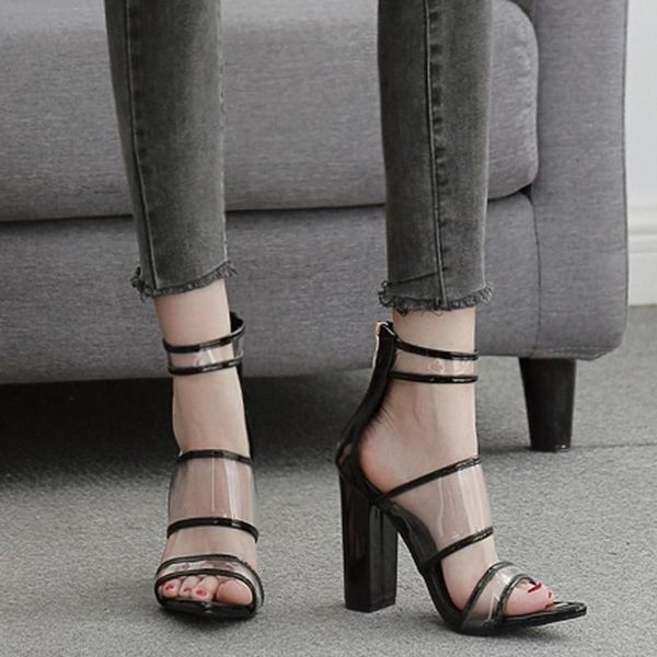 

dress shoes women back zip square high heel sandals peep toe casual sandal with the transparent sandale femme ete 2021 #3, Black