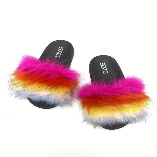 

female summer slippers women fur slides furry sandals fashion home flock shoes for women plush sandals feather flat slides 2020, Black