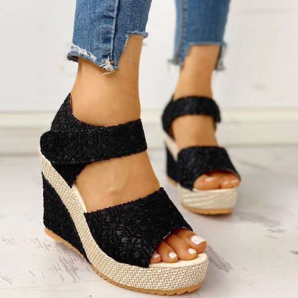 

women's sandals summer beach ladies platform wedges heel sandals floral flower lace-up ankle strap shoes footwear #45, Black