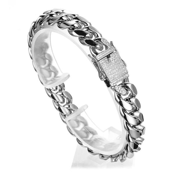 

12mm wide jewelry mens boys stainless steel silver color with crystal cuban chain bracelet nice design high quality, Black