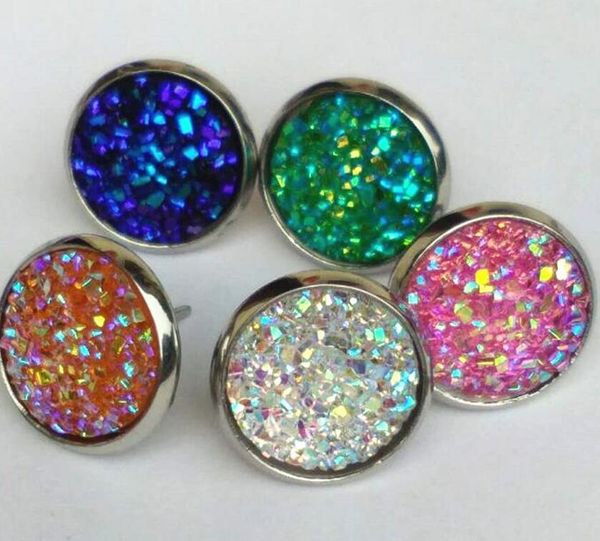 

stainless steel tone wholesaling resin stone earring for lady gift nice handmade resin round mermaid druzy earrings trendy simple, Golden;silver