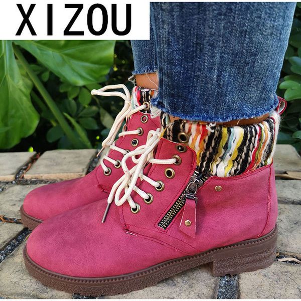 

women boots ankle short suede lace up warm woman boots autumn winter ladies zipper casual low heels sewing fashion botas mujer, Black