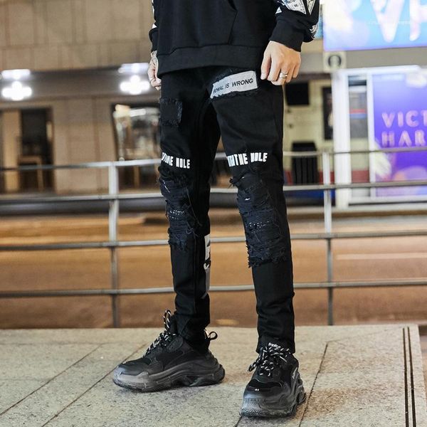 

pencil pants zipper skinny street casual mens trousers tkpa mens ripped jeans fashion black print patchwork jeans, Blue