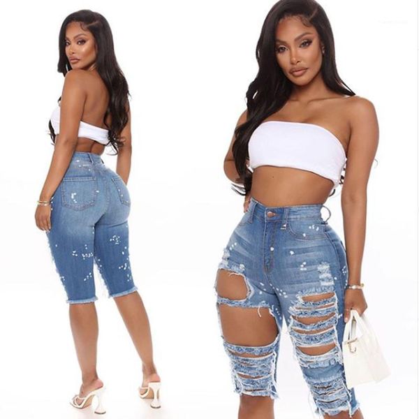 

women solid color jeans shorts womens designer holes jeans with pockets high waist skinny knee length jeans, White;black